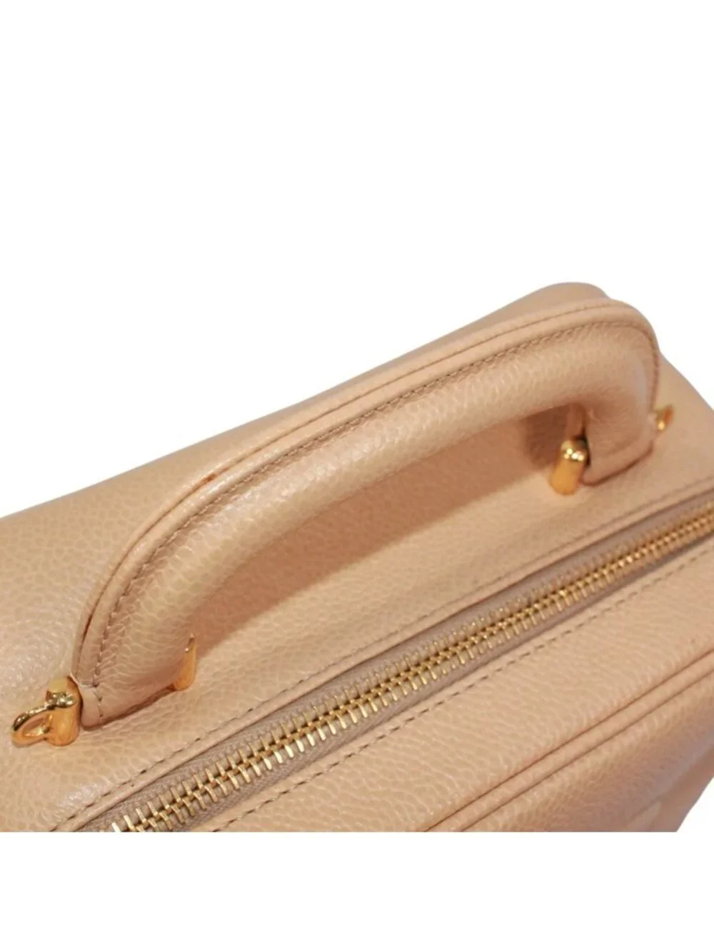 Chanel CC Logo Vanity Bag Caviar Leather Beige Handbag Gold